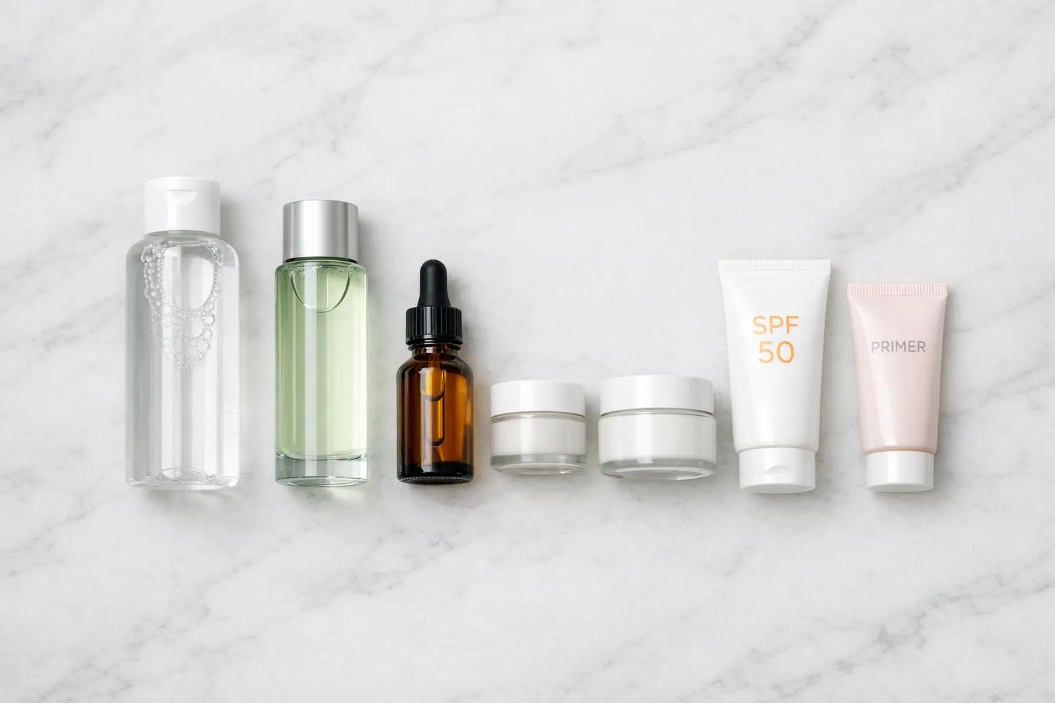 Kolejność pielęgnacji twarzy - flat lay kosmetyków na marmurowym blacie