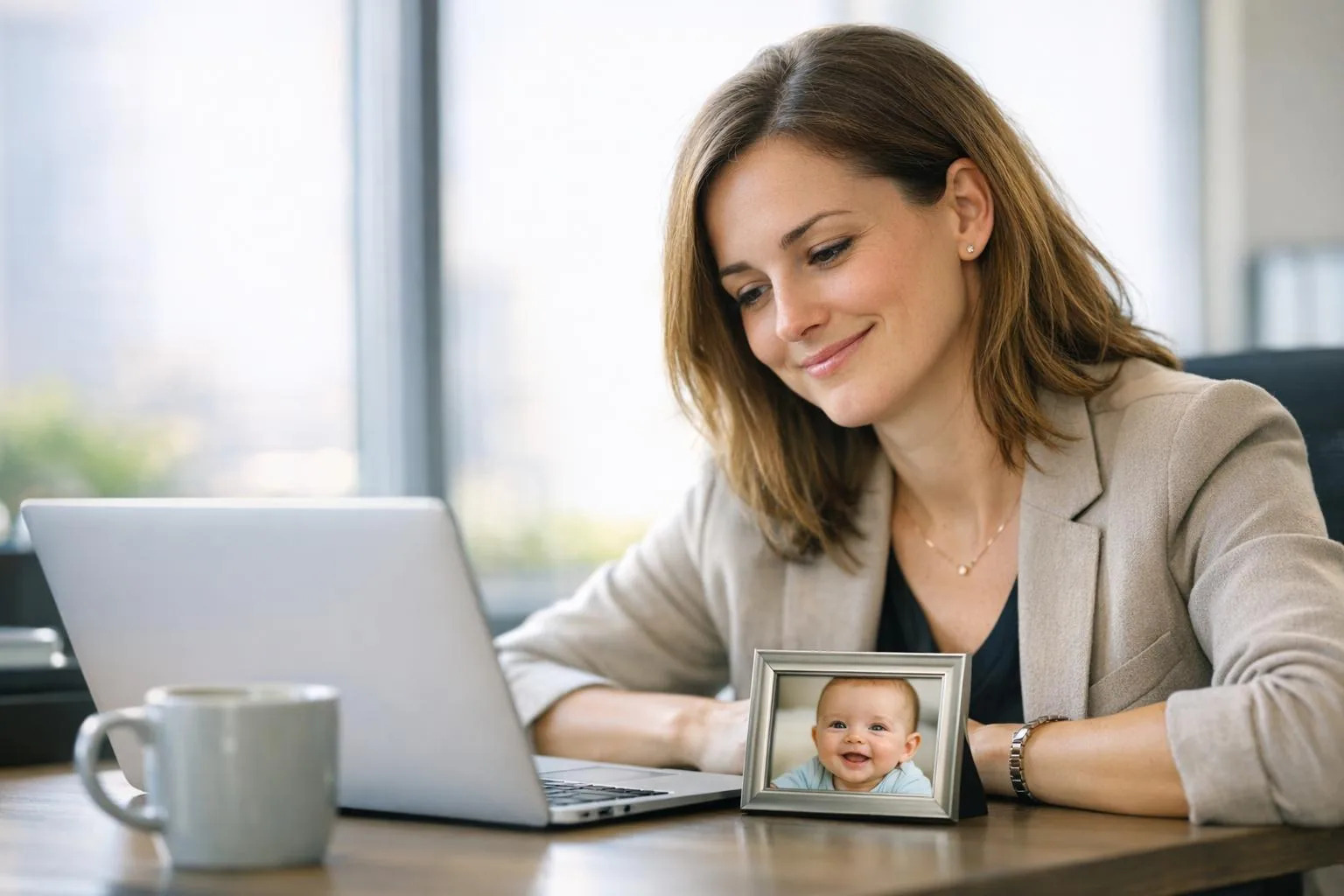 Powrót do pracy po macierzyńskim - kobieta w biurze z rodzinnym zdjęciem