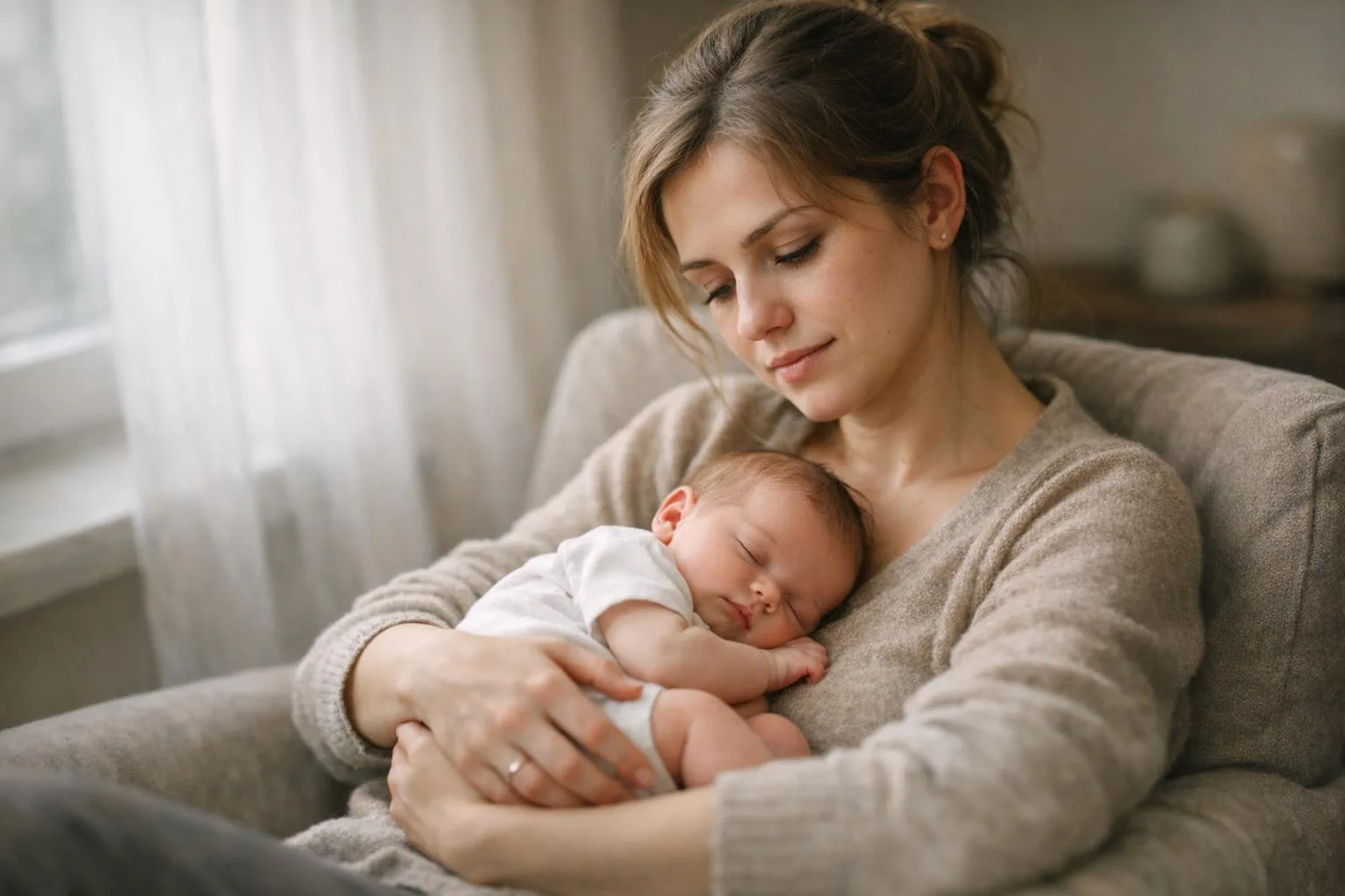 Wyczerpana młoda mama z noworodkiem przy oknie - obraz depresji poporodowej