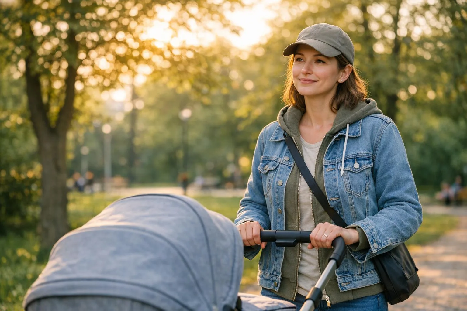 Mama z wózkiem w parku - powrót do siebie po terapii depresji poporodowej