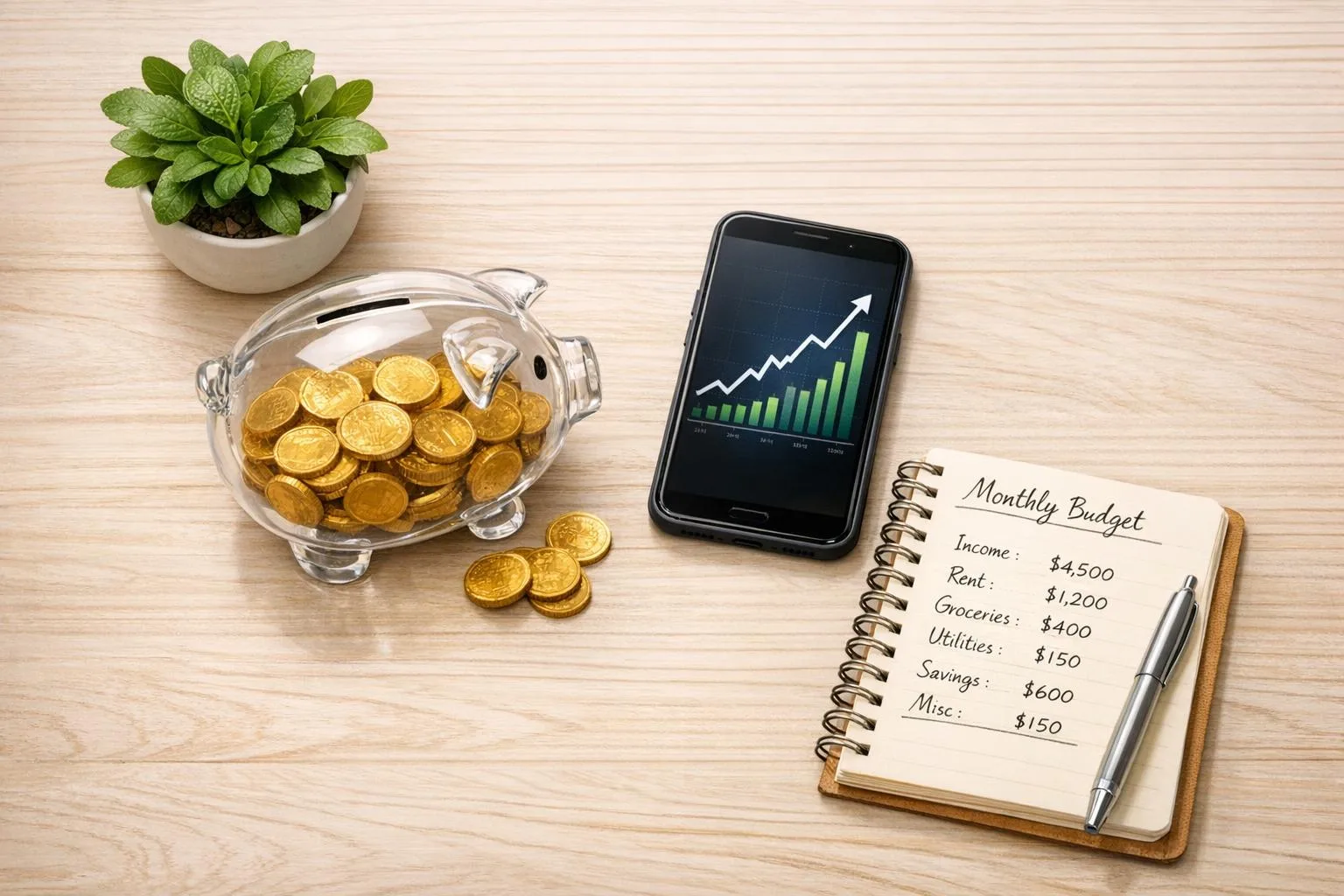 Symbole oszczędzania na emeryturę - skarbonka, wykres, plan budżetu