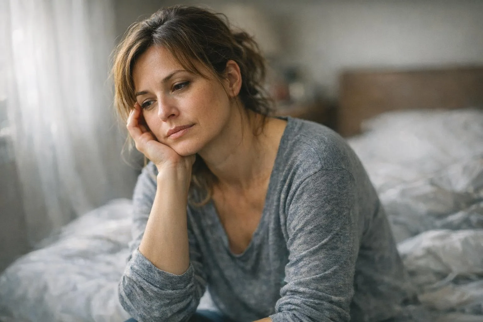 Kobieta na łóżku rano - typowy obraz nieleczonej depresji