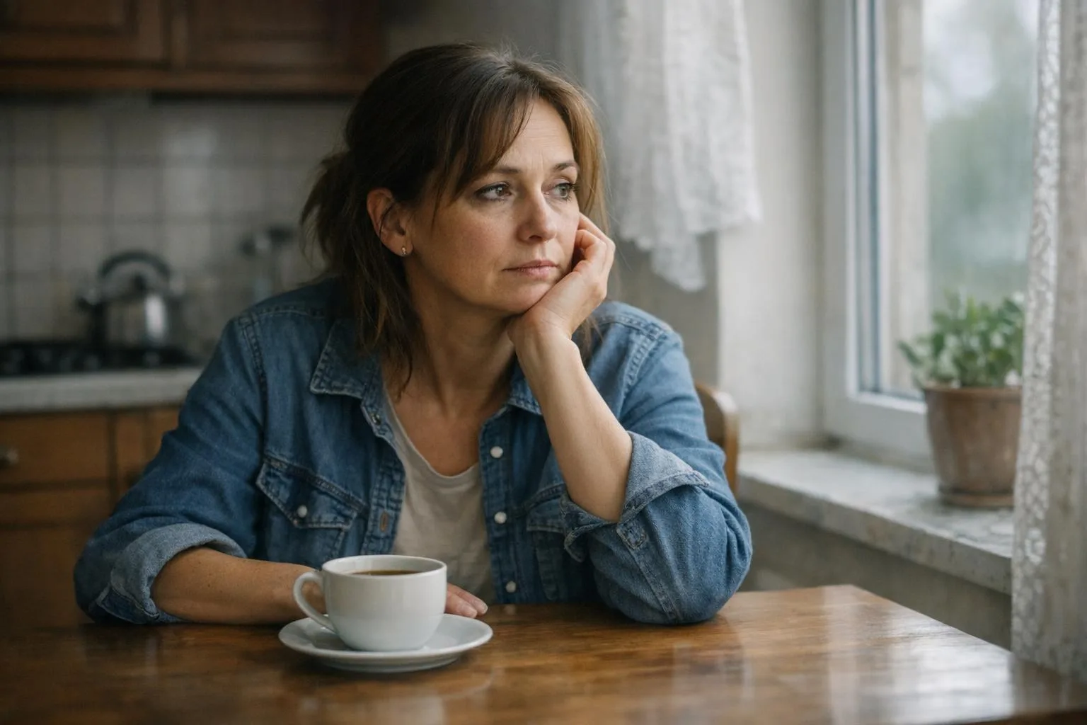Kobieta przy stole z nietkniętą kawą - obraz przewlekłej depresji