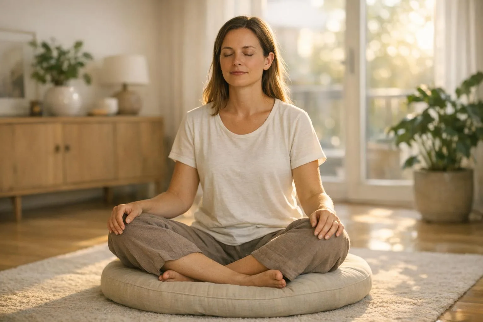 Kobieta medytująca w siadzie - codzienna praktyka mindfulness