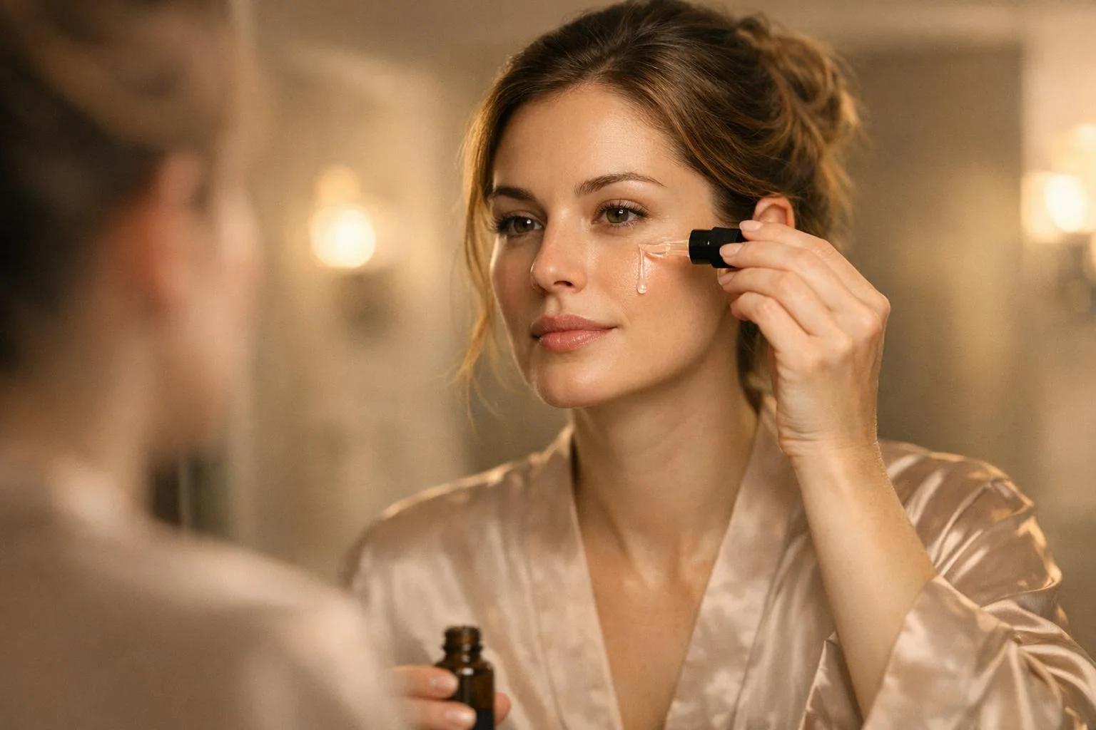 Kobieta nakładająca retinol pipetą na suchą skórę