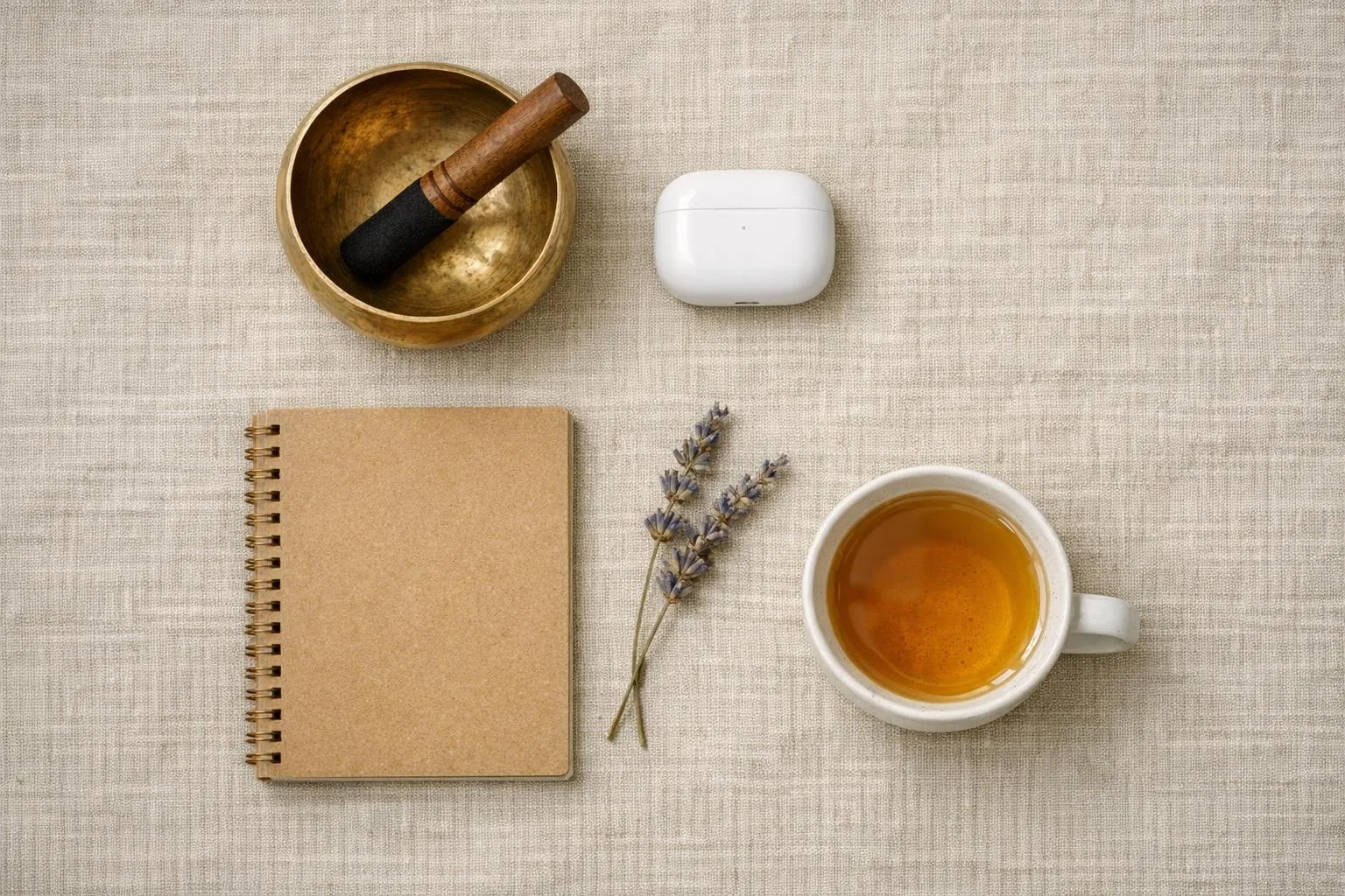 Tybetańska misa i słuchawki - medytacja dźwiękowa flat lay