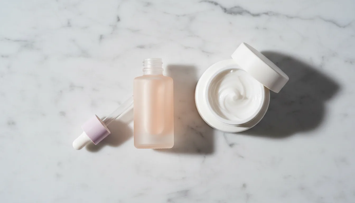 serum z niacynamidem i krem nawilżający na marmurowym blacie flatlay