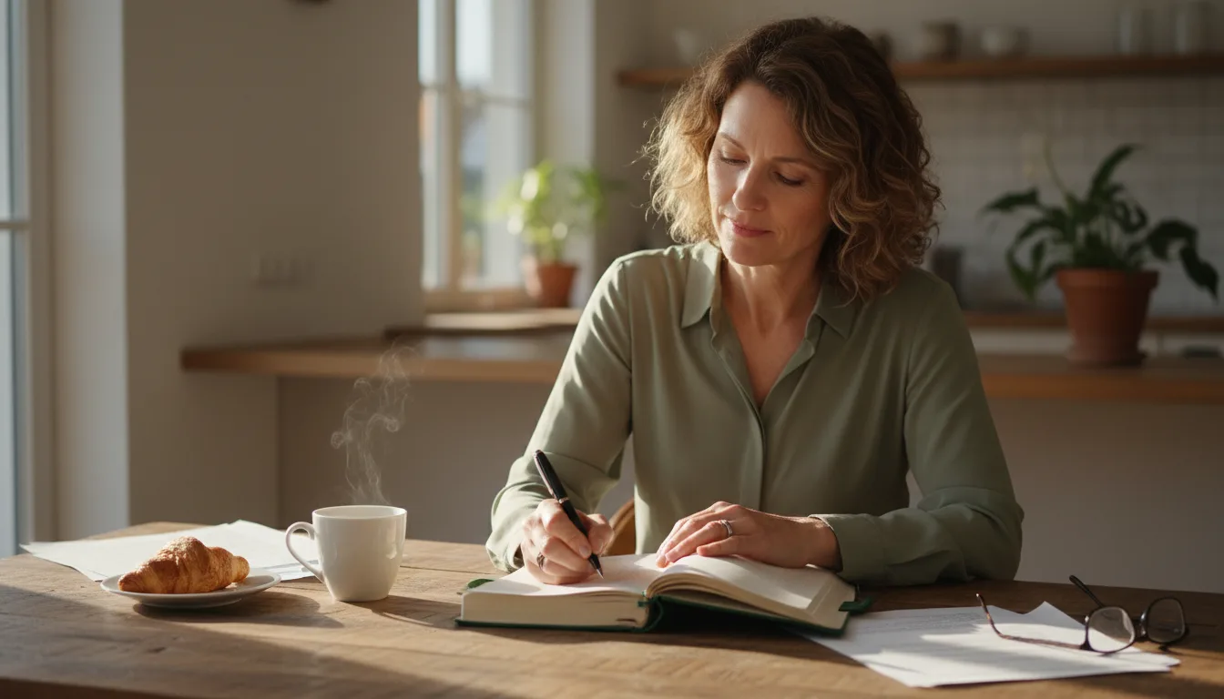 kobieta zapisująca objawy menopauzy w dzienniku przy kawie