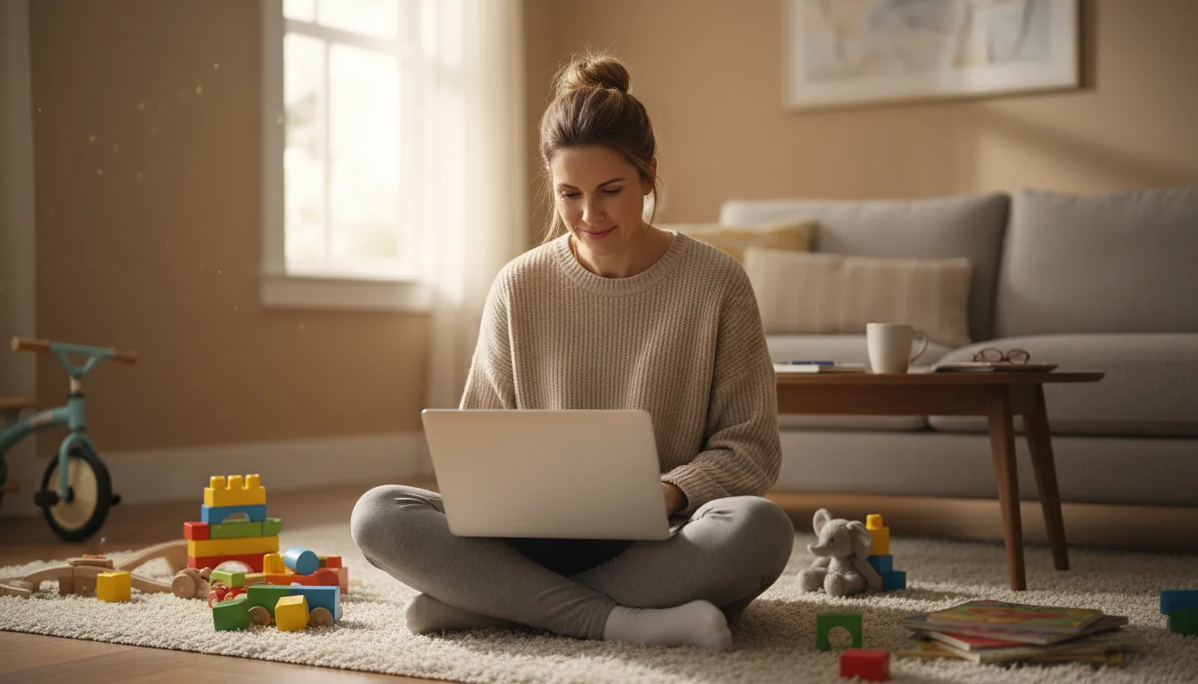 kobieta pracująca przy laptopie z zabawkami dziecka w tle po macierzyńskim