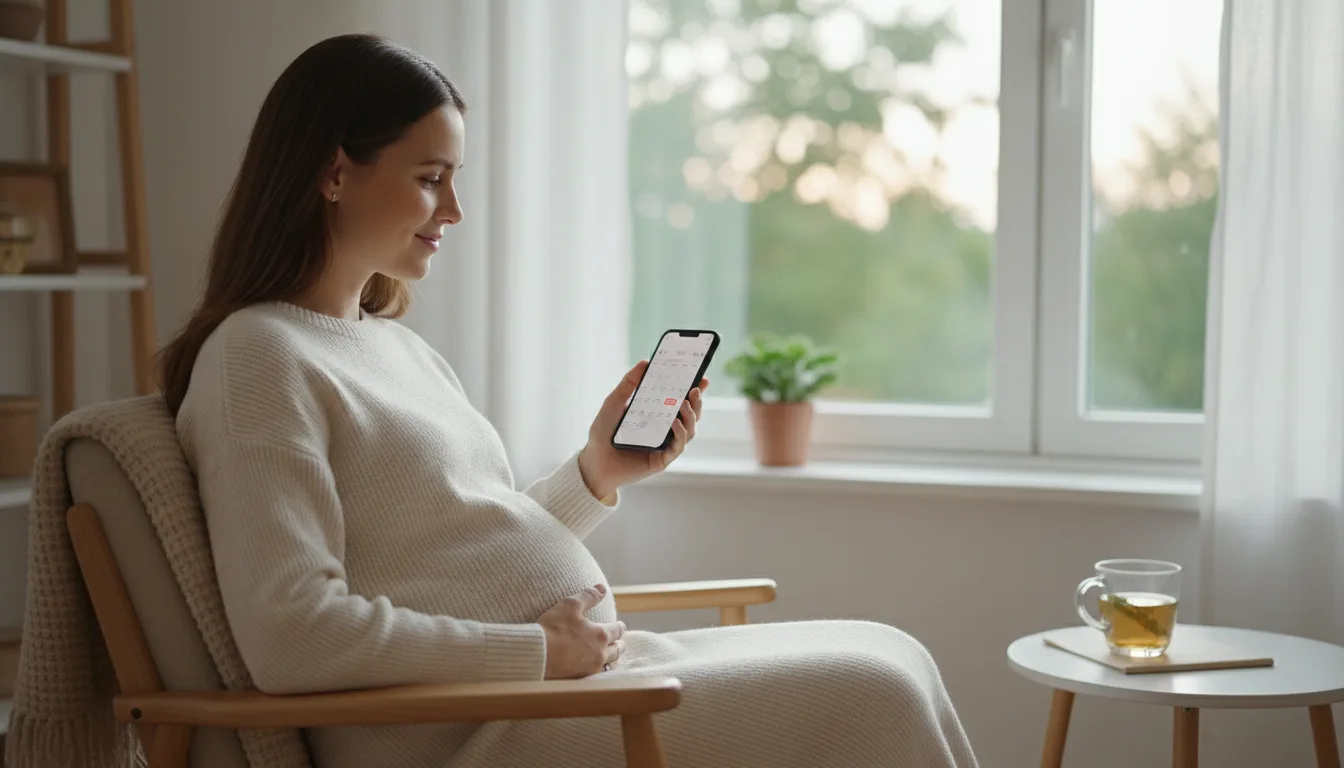 kobieta w ciąży sprawdzająca tydzień ciąży i termin porodu w smartfonie