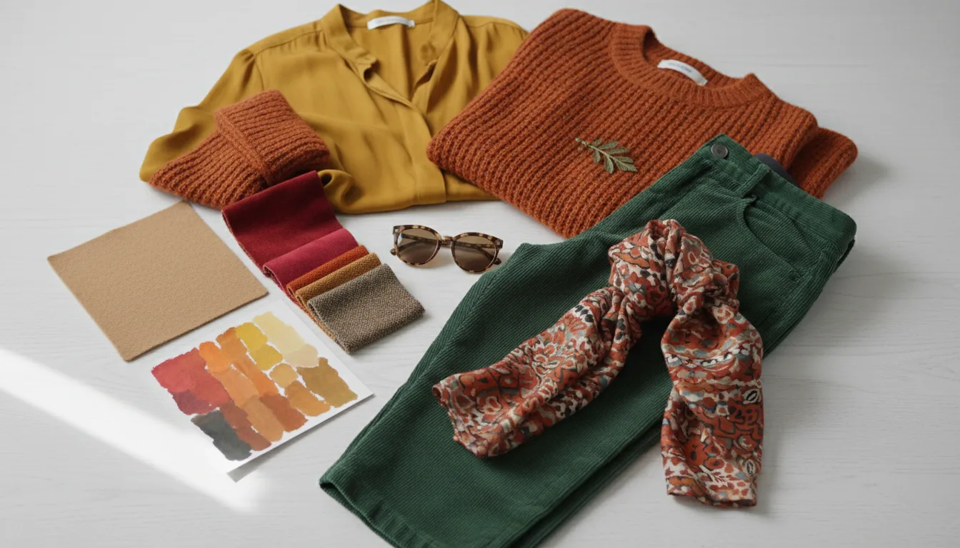 paleta kolorów dla jesiennego typu urody na białym stole flatlay