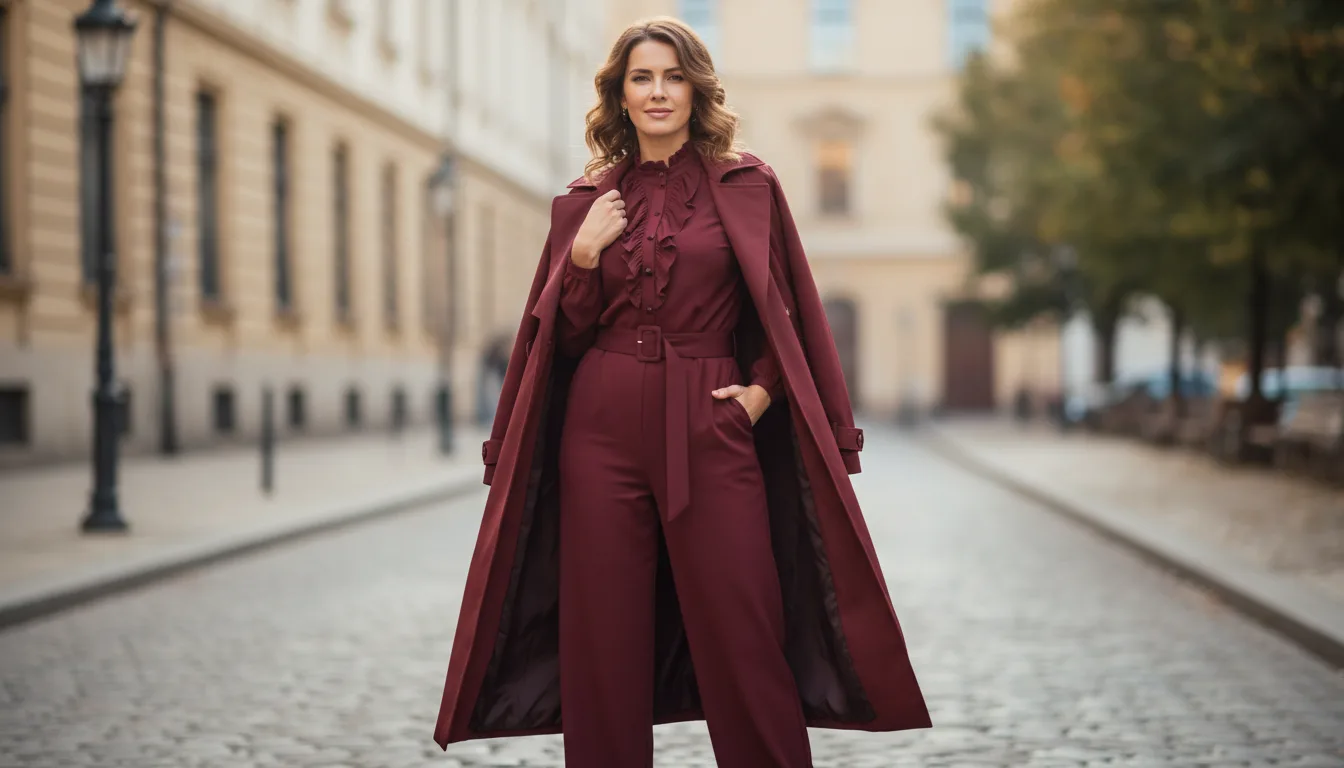 elegancka kobieta w burgundowym stroju dopasowanym do zimowego typu urody