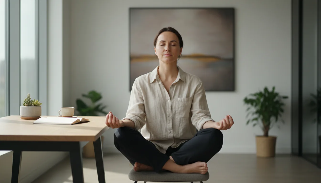 kobieta wykonująca ćwiczenia oddechowe mindfulness przy biurku w pracy
