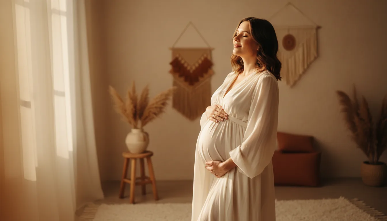 szczęśliwa kobieta w ciąży delikatnie trzymająca brzuch — ciąża po endometriozie
