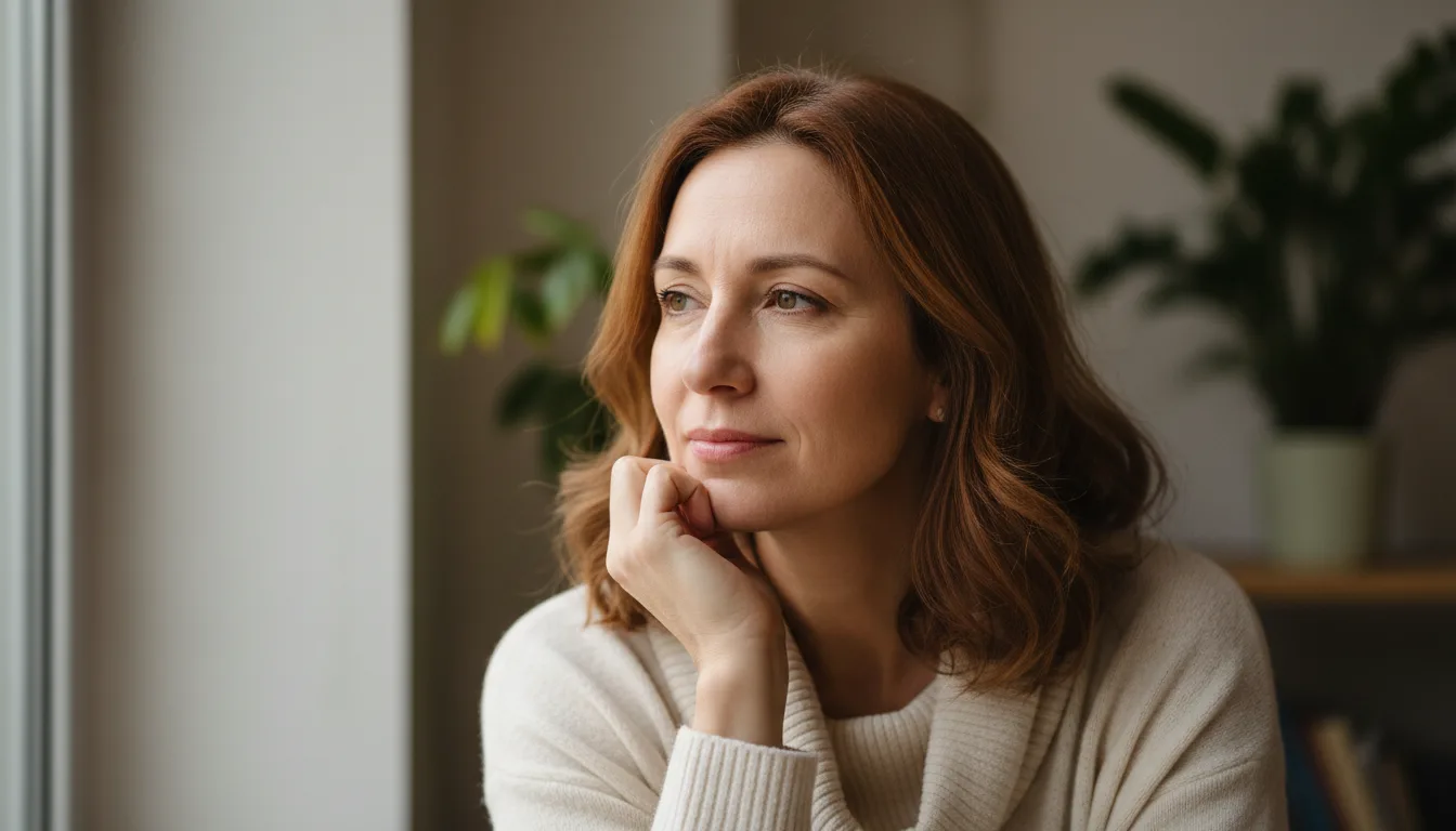 zamyślona kobieta po 40 przy oknie — refleksja nad objawami menopauzy