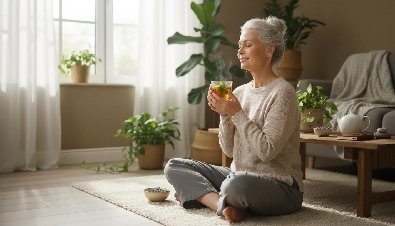 kobieta po 40 z herbatą w spokojnym porannym rytuale — dbanie o zdrowie w perimenopauzie