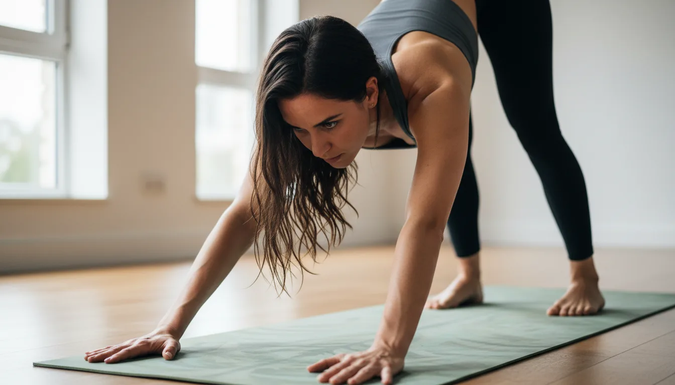 kobieta w pozycji psa z głową w dół podczas ashtanga jogi