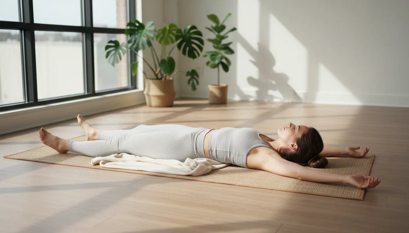 kobieta leżąca w savasanie po zakończeniu praktyki ashtanga jogi