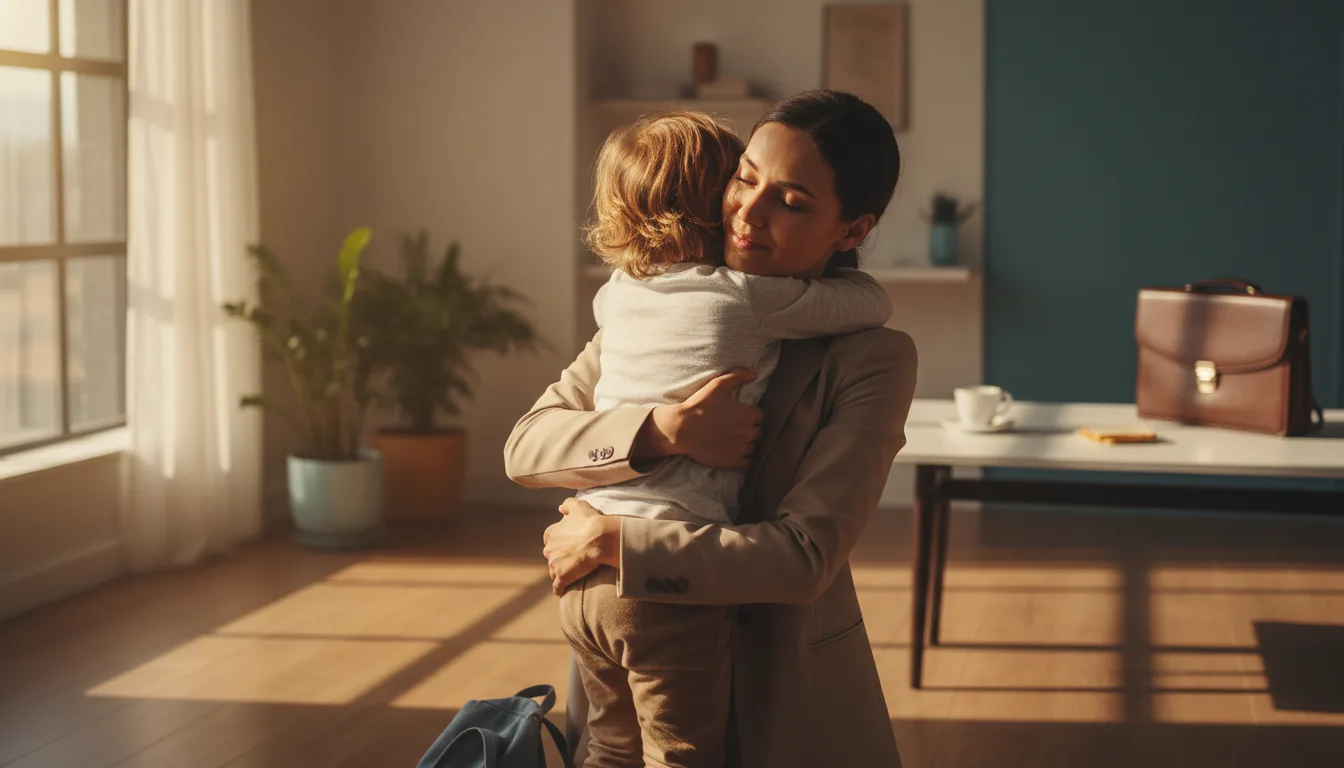 mama przytulająca małe dziecko przed wyjściem do pracy rano