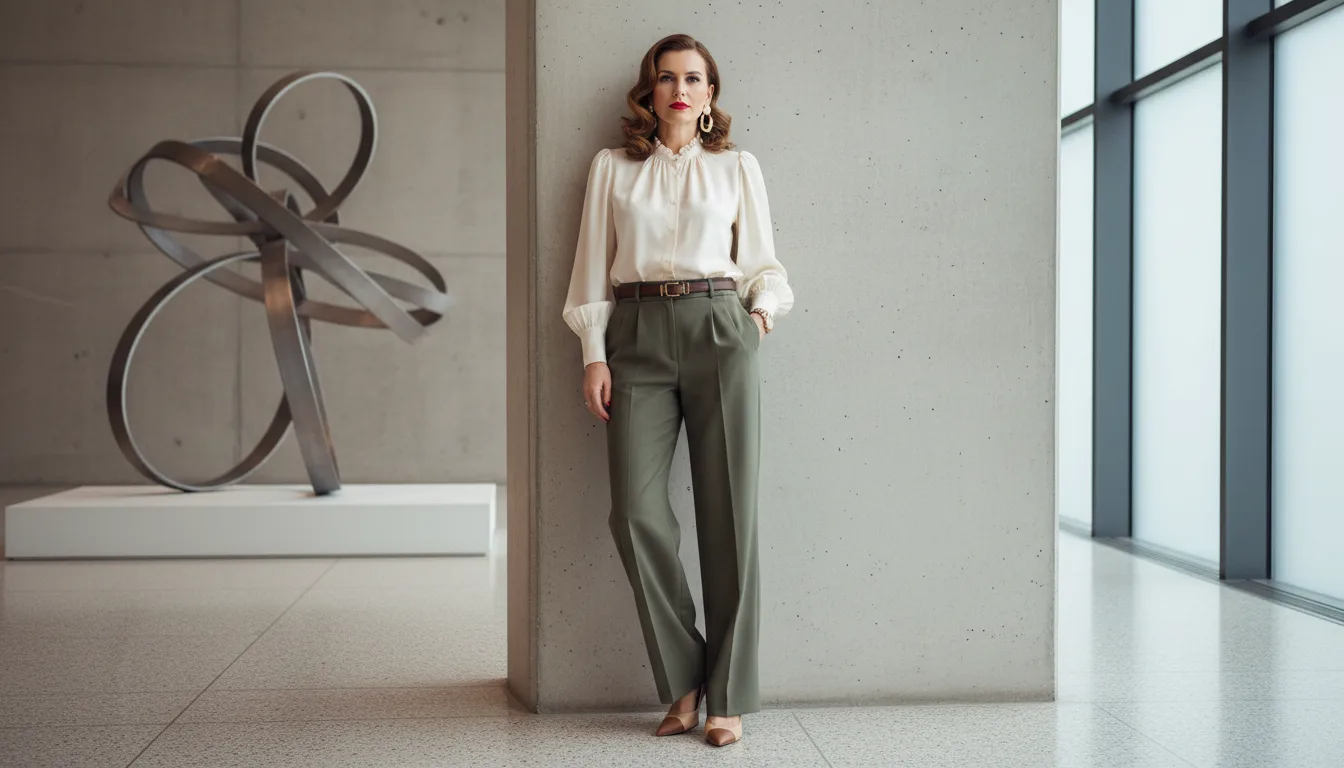elegancka kobieta w stylizacji inspirowanej latami 40. — spodnie z wysokim stanem i bluzka