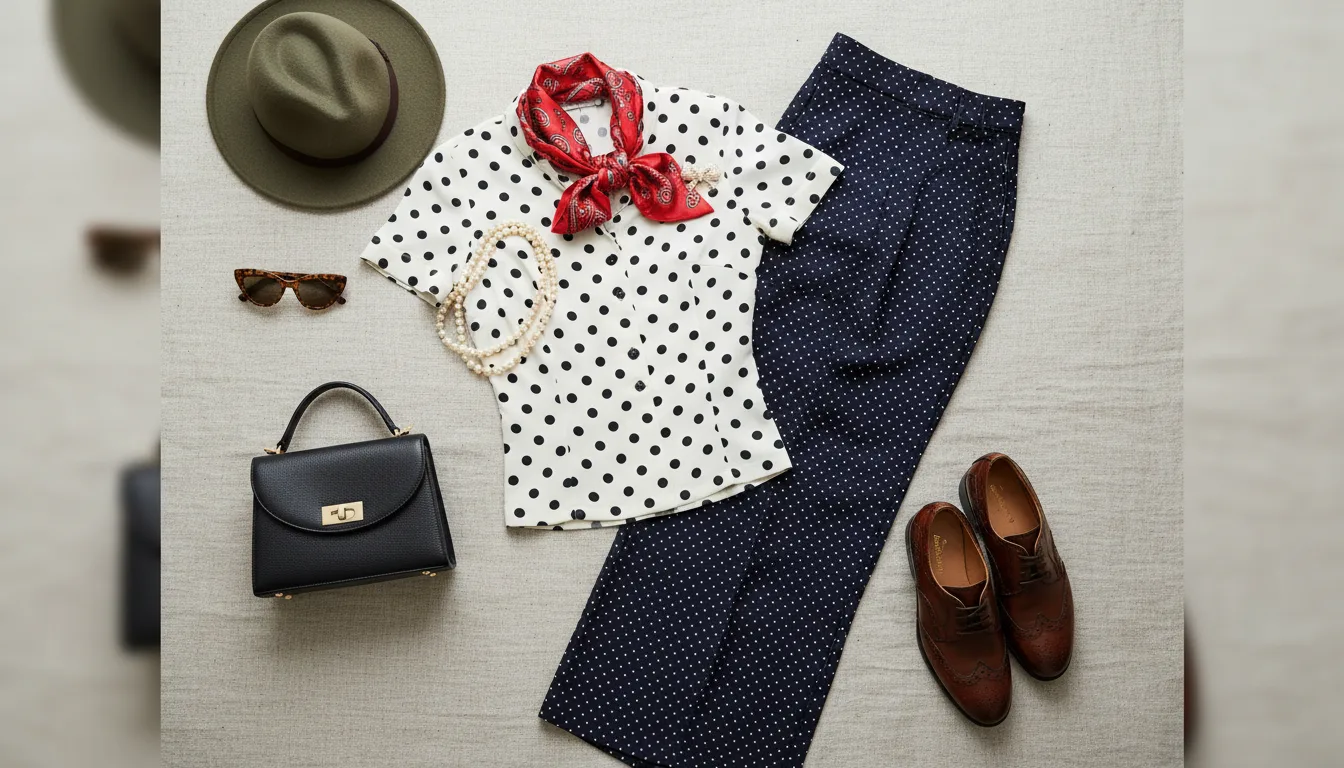 flatlay stylizacji inspirowanej latami 40. — groszki, wysoka talia, perły
