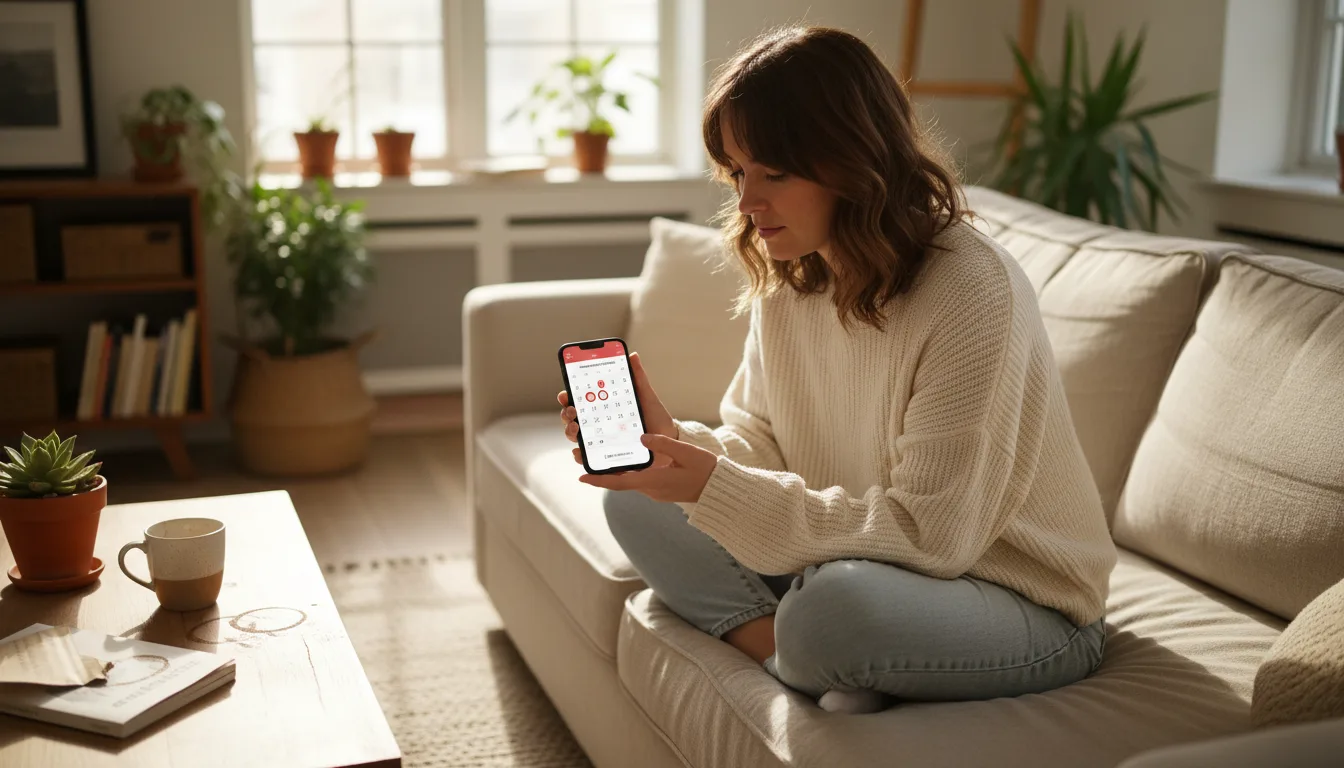 kobieta sprawdzająca aplikację do śledzenia cyklu menstruacyjnego — monitoring perimenopauzy
