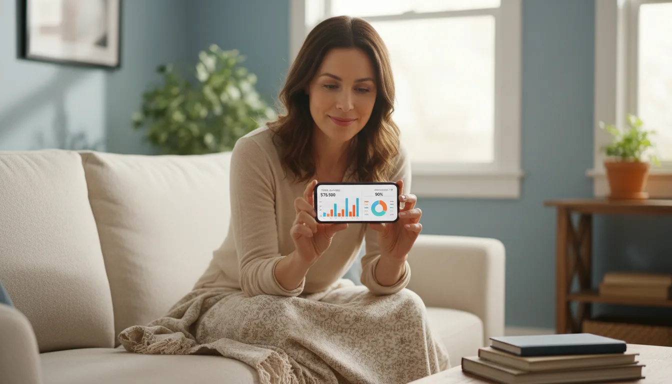 kobieta przeglądająca postęp oszczędności w aplikacji finansowej na smartfonie