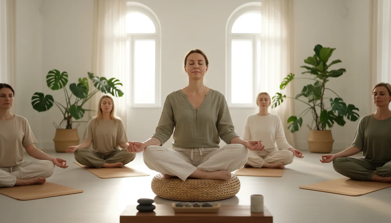 kobieta na kursie mindfulness dla początkujących w spokojnym studio
