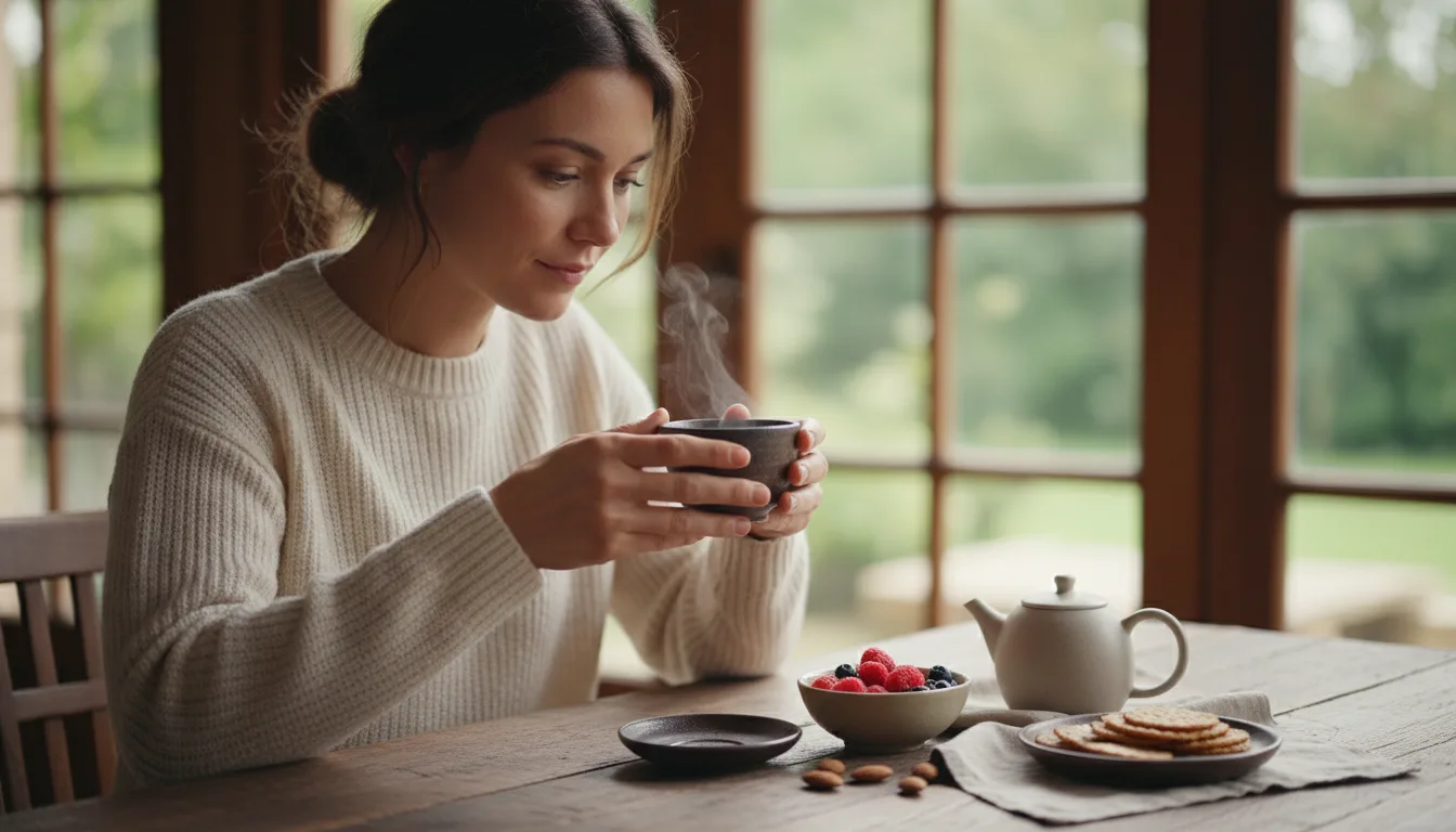 kobieta świadomie delektująca się herbatą — praktyka mindful eating