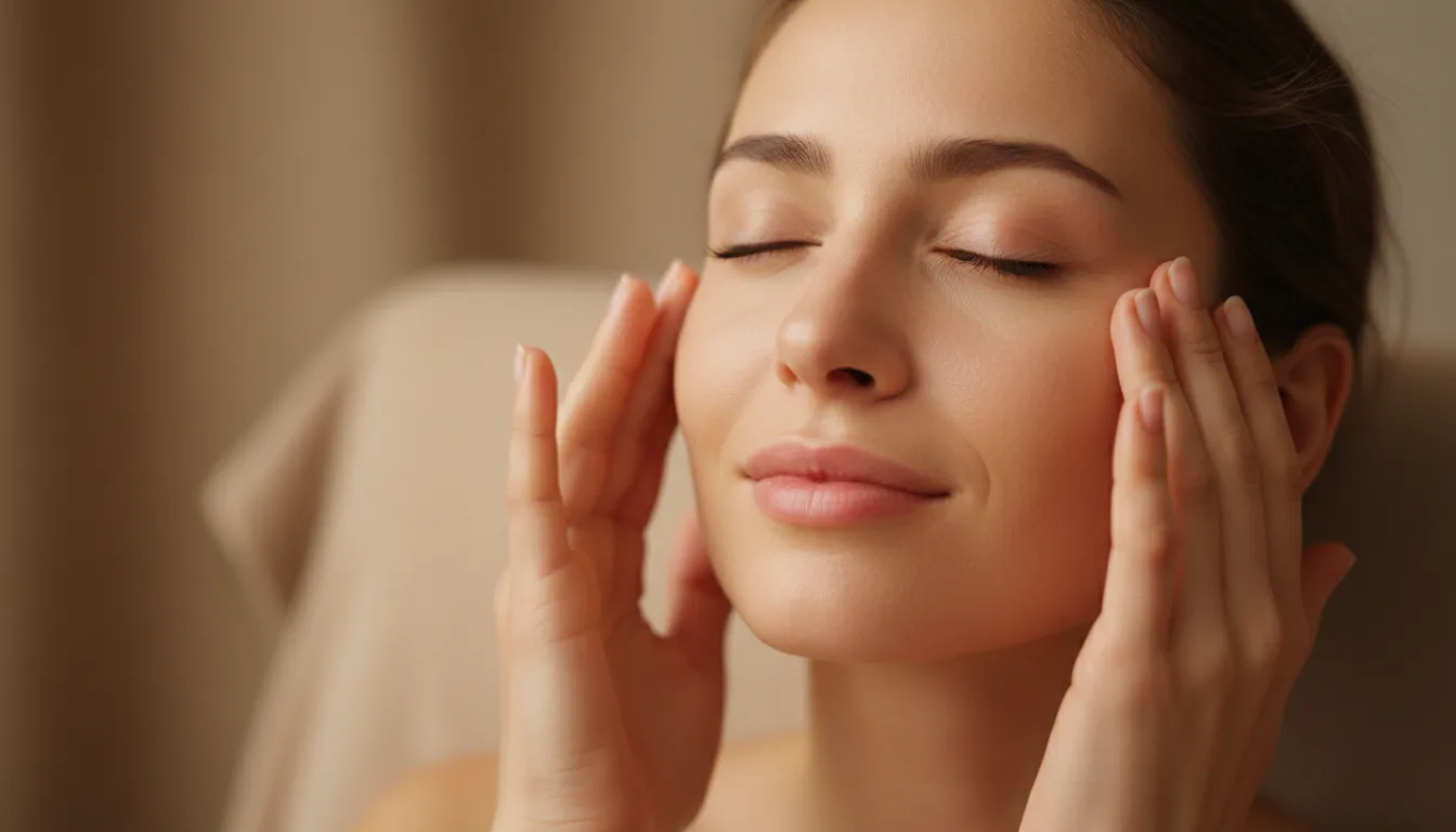 kobieta masująca twarz palcami — techniki anti-aging