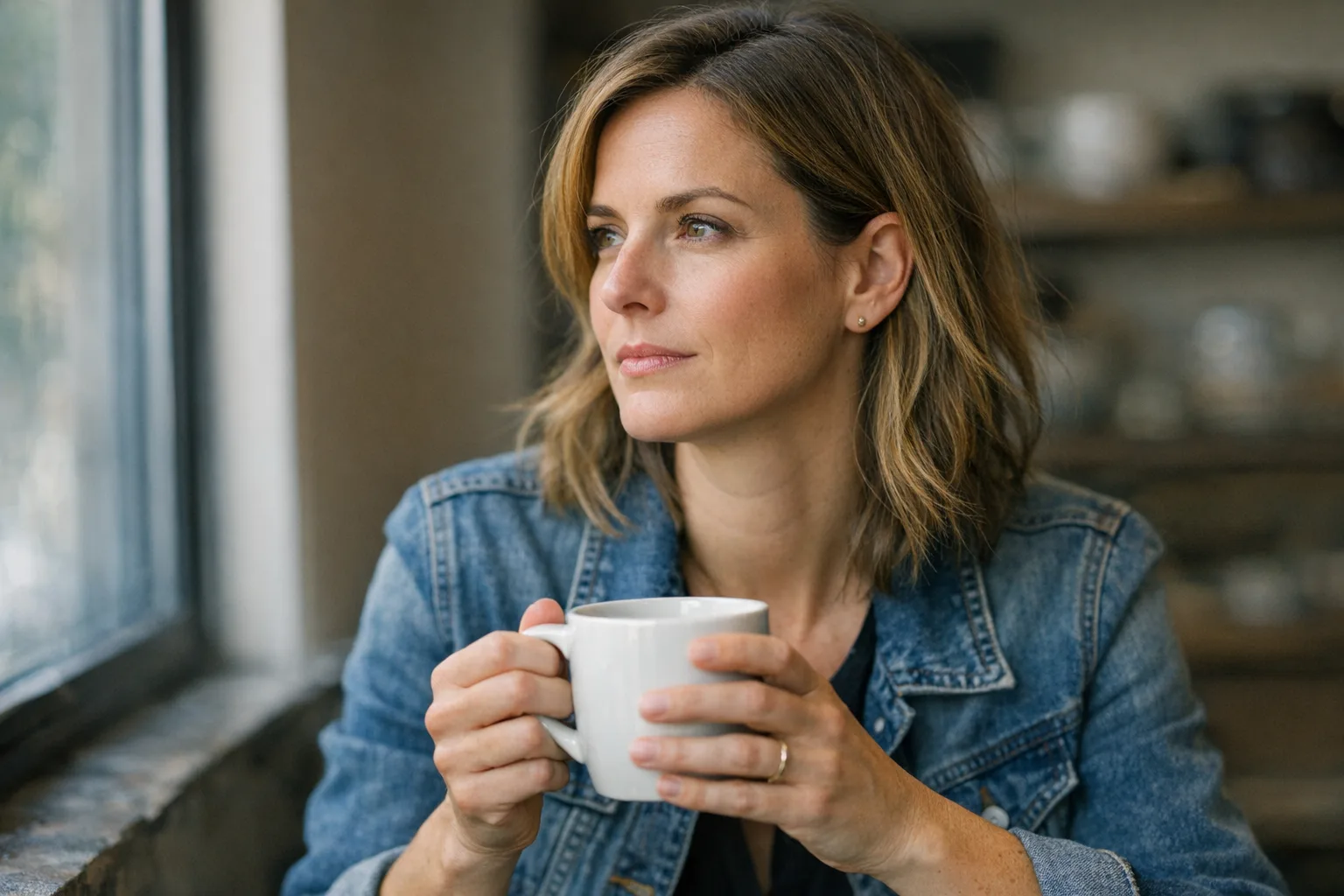 kobieta pod koniec 30. roku życia z kawą — rozważanie objawów premenopauzy