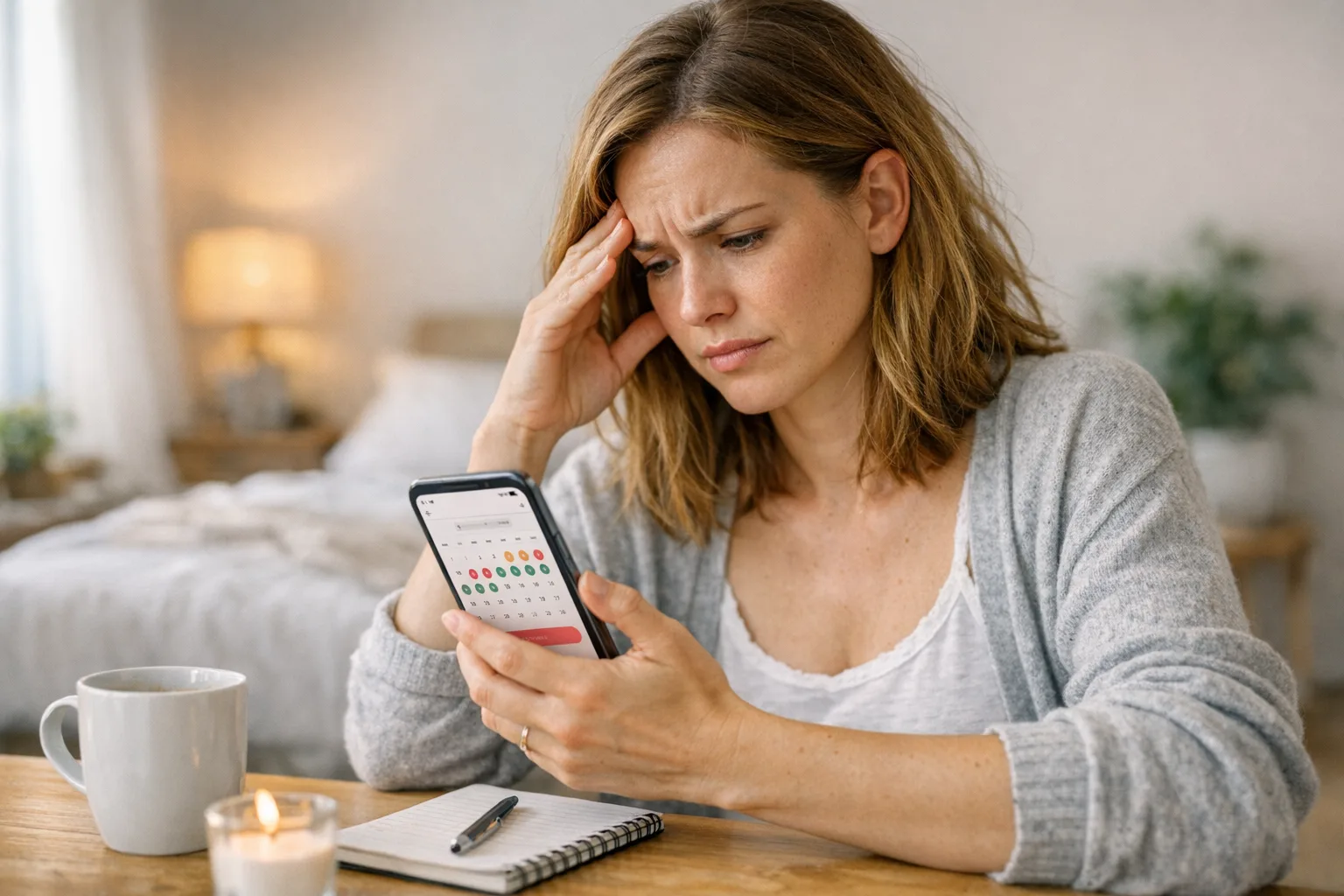 kobieta z wyrazem zaniepokojenia śledząca cykl w aplikacji — objawy premenopauzy 35-42