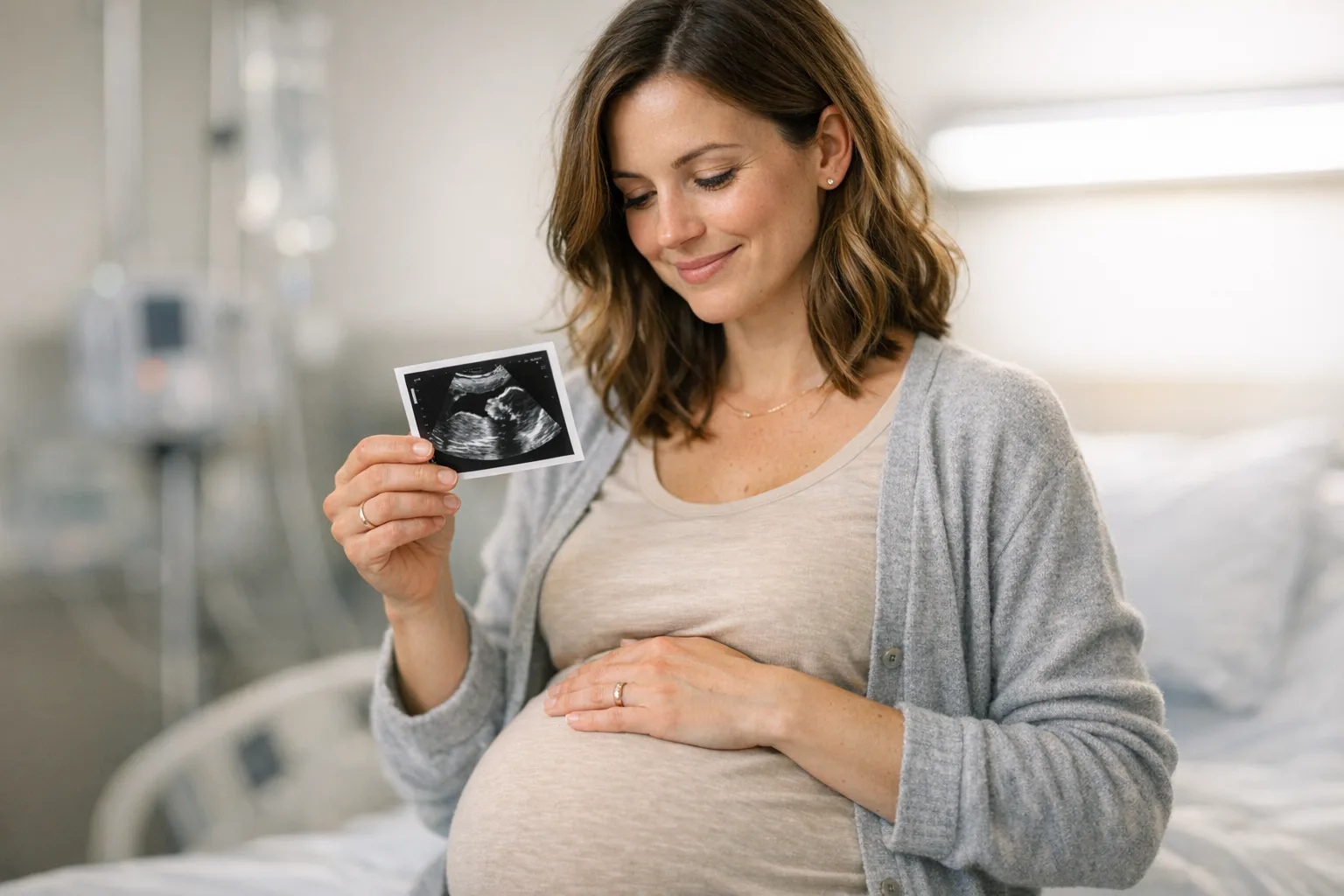 ciężarna kobieta trzymająca zdjęcie z badania USG — badania prenatalne