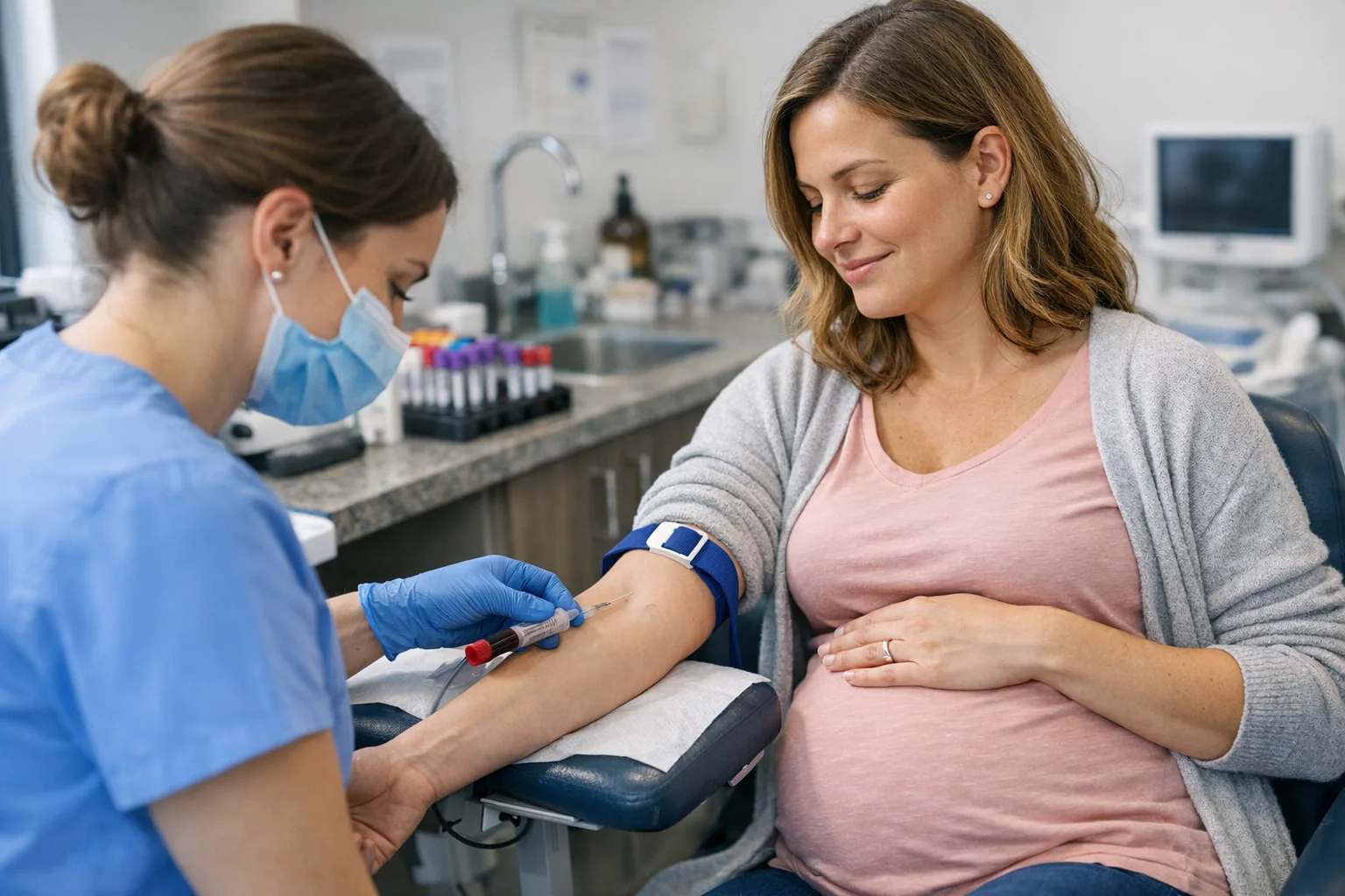 ciężarna kobieta podczas pobierania krwi w klinice — badania prenatalne