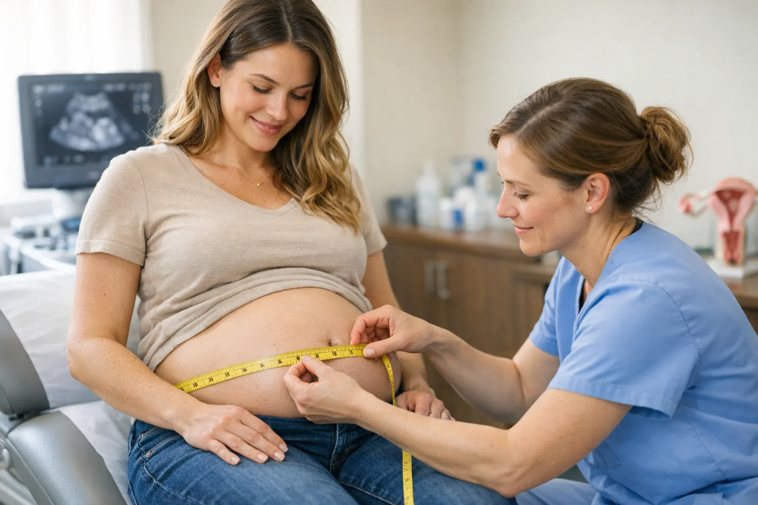 ginekolog mierzący brzuch ciężarnej podczas kontrolnej wizyty prenatalnej
