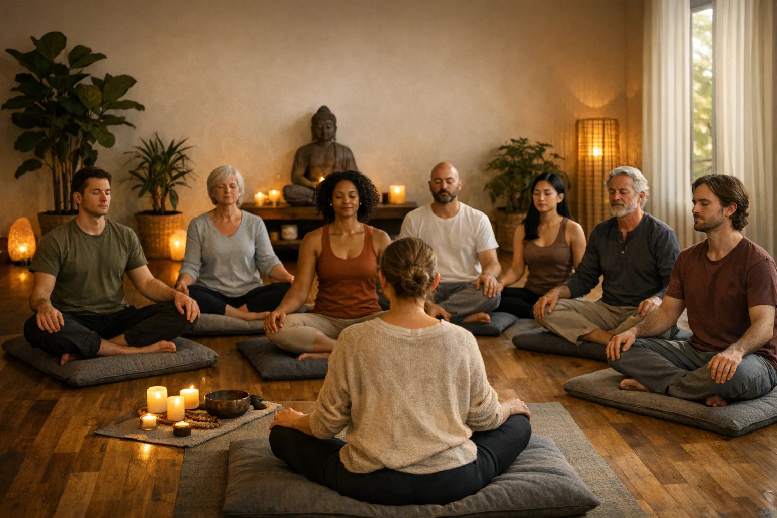 grupowe zajęcia mindfulness MBSR z matami do medytacji w ciepłym studio