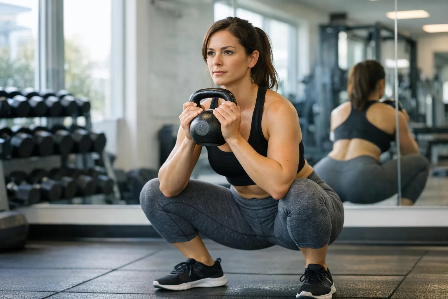 Kobieta wykonuje przysiad goblet z kettlebell na siłowni według prawidłowej techniki