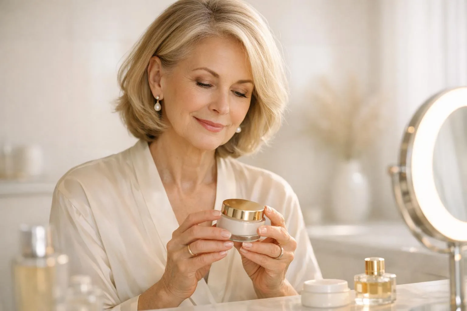 Elegancka kobieta po 60 analizuje skład kremu anti-aging przy lustrze