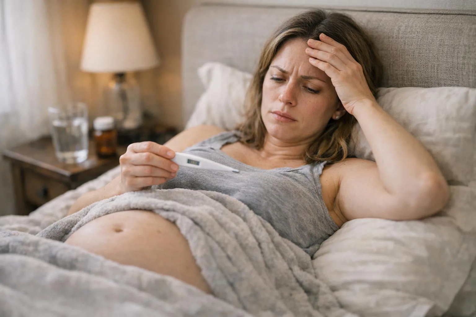 Ciężarna kobieta chora na grypę leży w łóżku i mierzy temperaturę termometrem