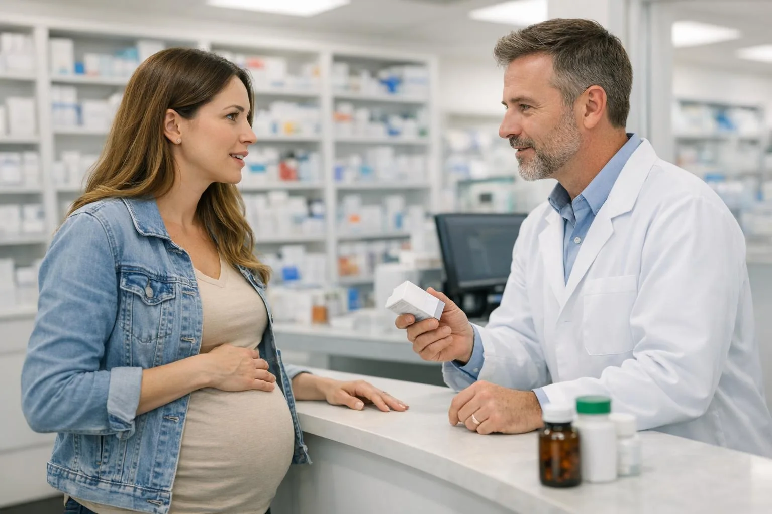 Kobieta w ciąży pyta farmaceutę o bezpieczne leki na grypę dla ciężarnych