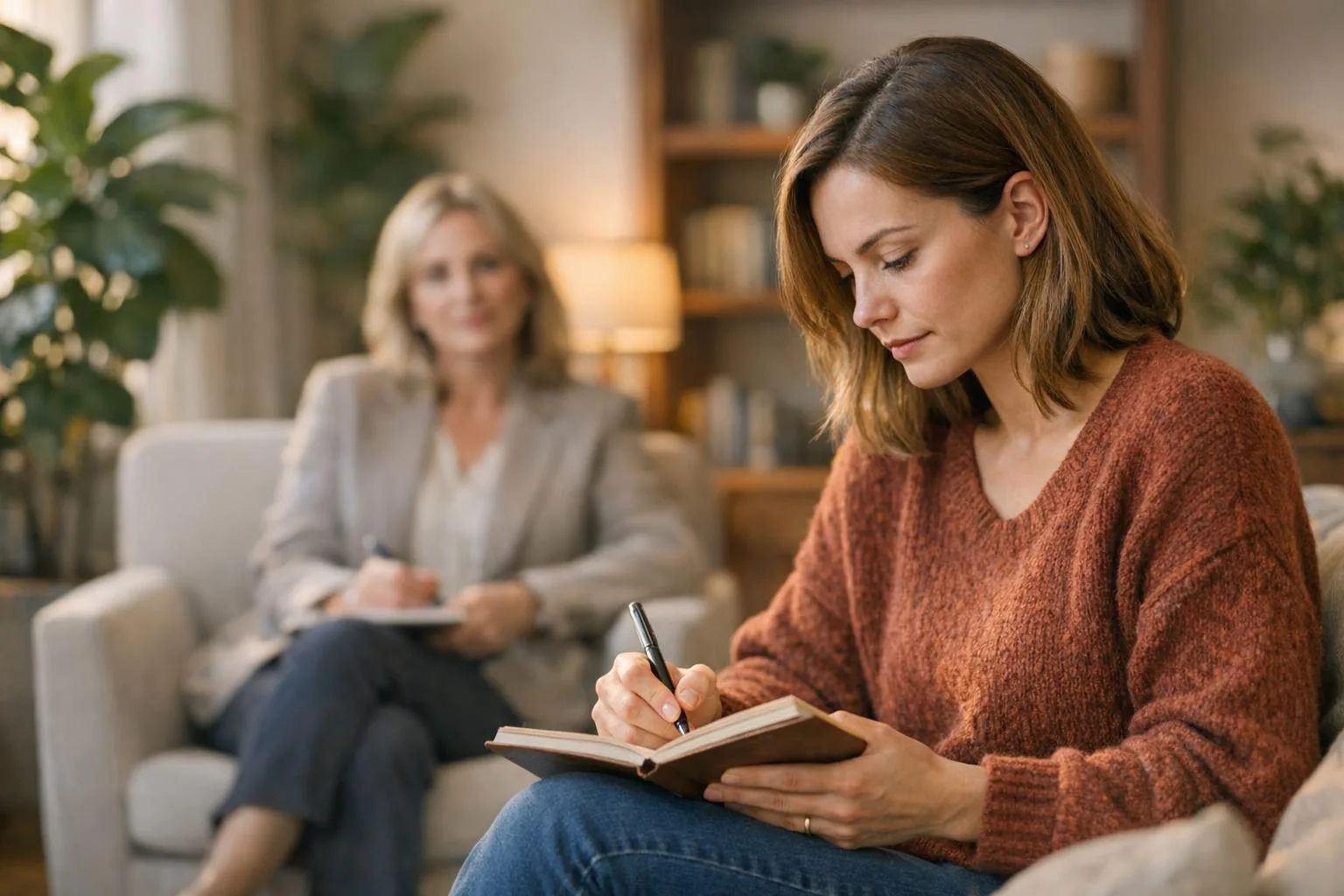 Kobieta na sesji psychoterapeutycznej pracuje nad lękiem przed bliskością