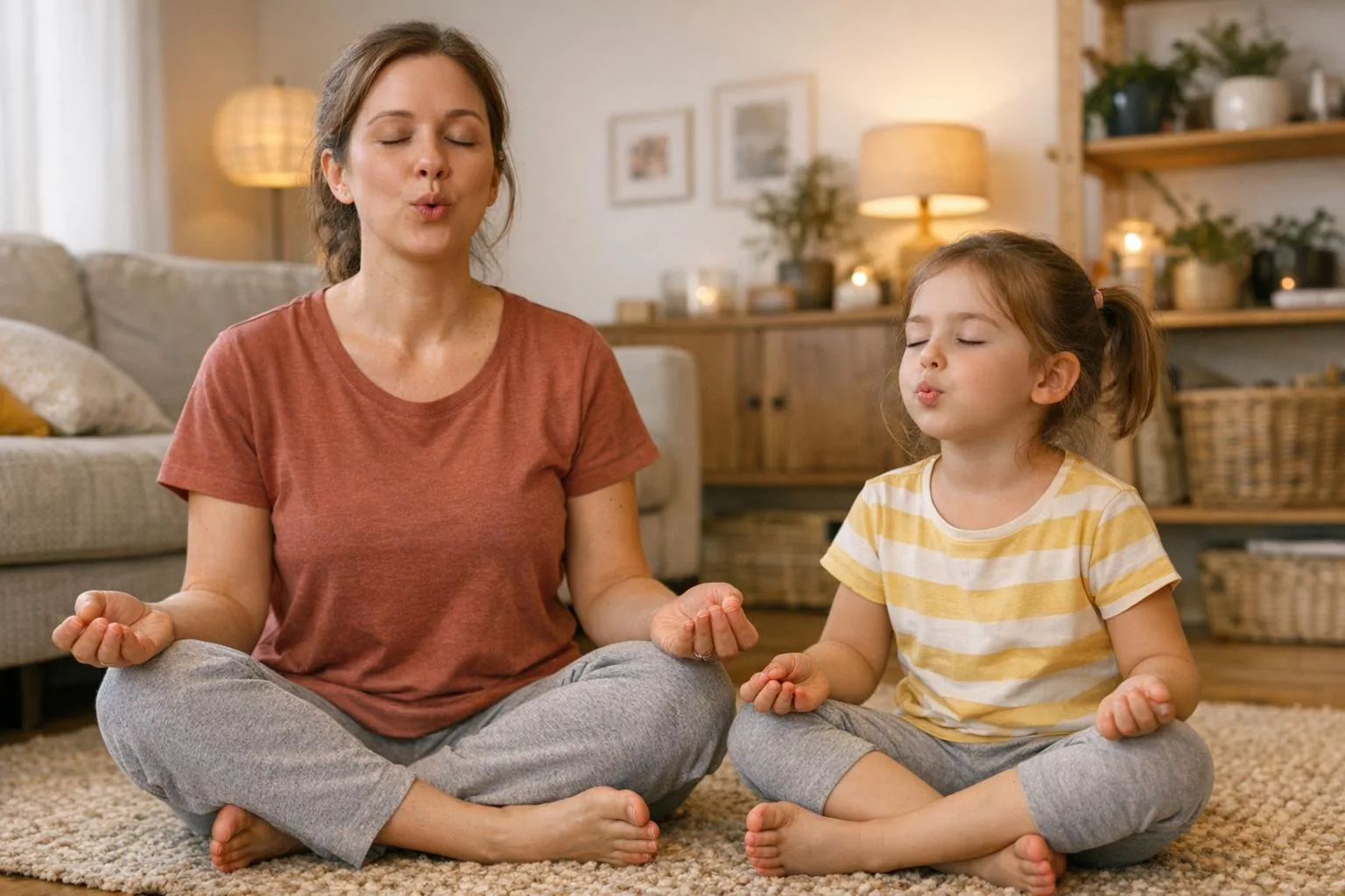 Mama i dziecko ćwiczą razem techniki oddechowe mindfulness