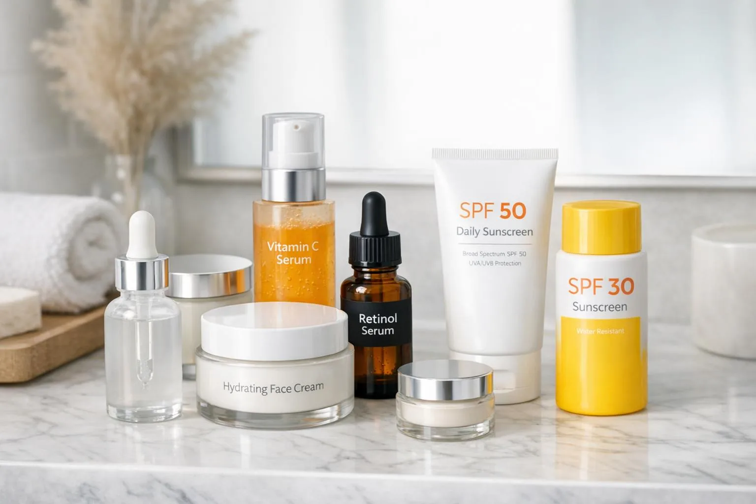 Kosmetyki do pielęgnacji twarzy ułożone na blacie - serum, krem, SPF