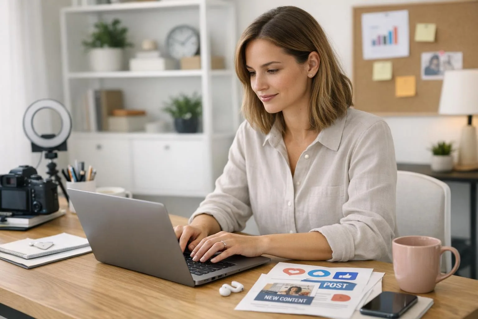 Kobieta tworzy treści na LinkedIn przy laptopie w swoim biurze