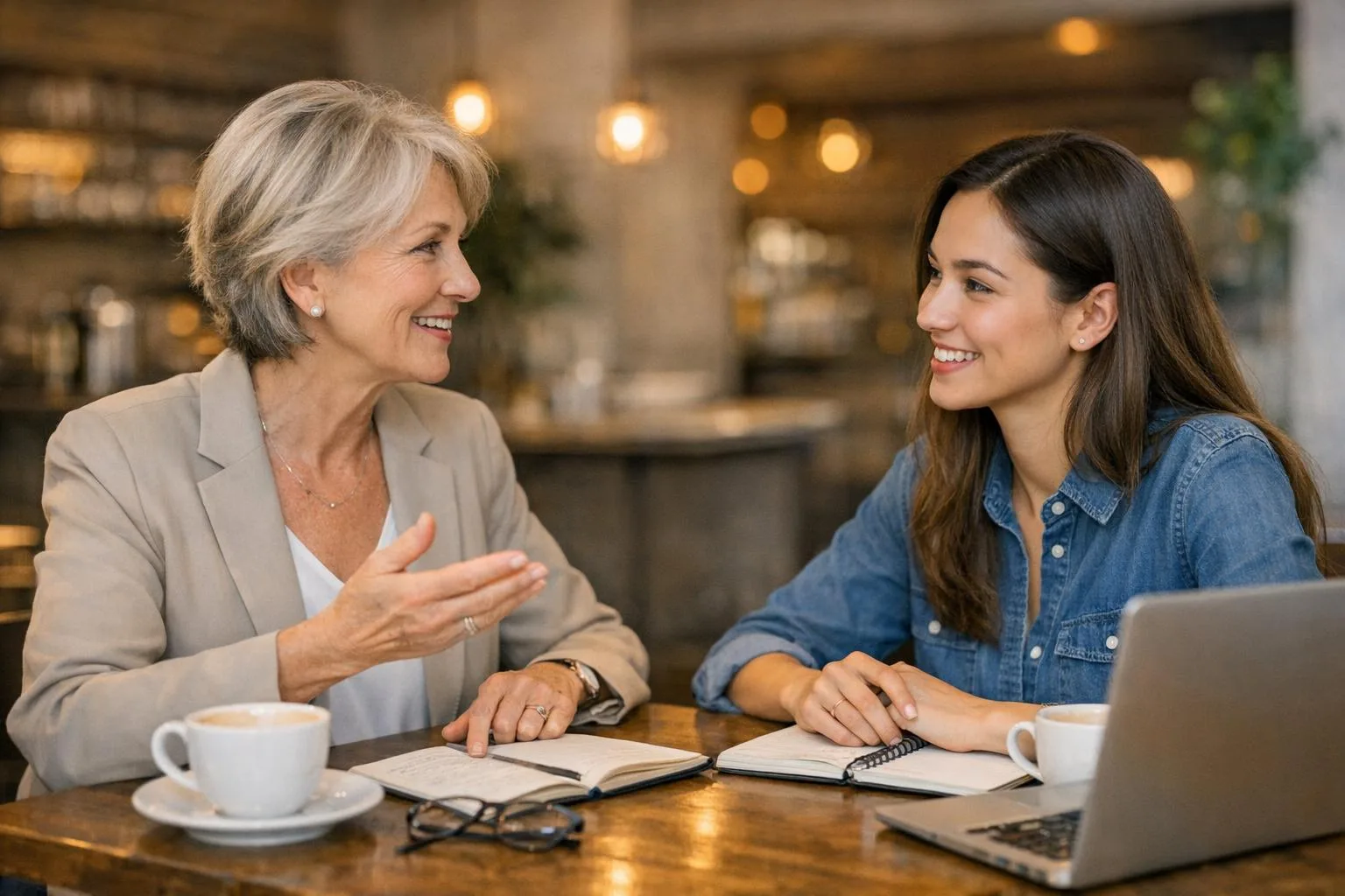 Mentorka i mentee rozmawiają przy kawie w kawiarni - mentoring dla kobiet