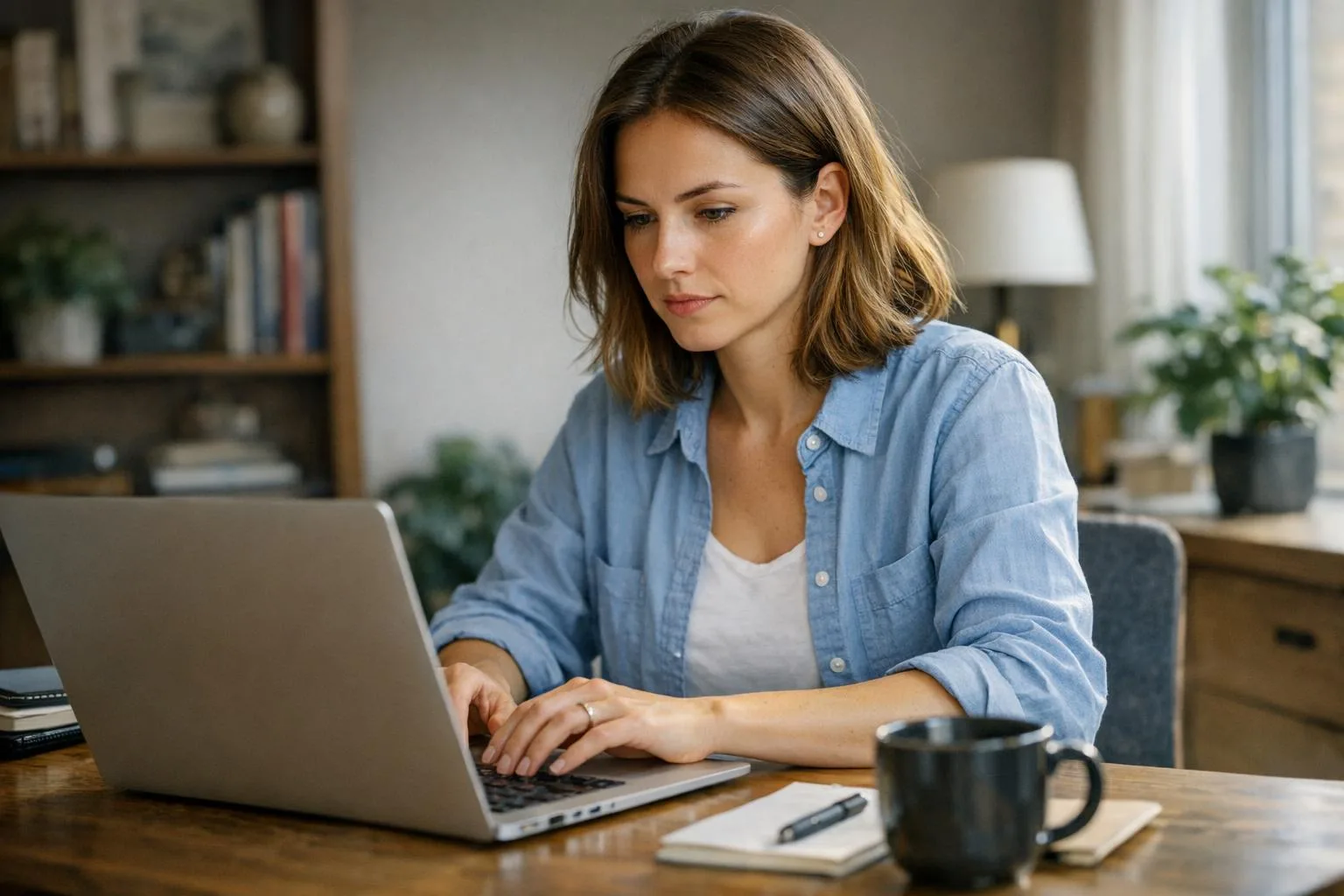Kobieta pisze wiadomość do potencjalnej mentorki na laptopie