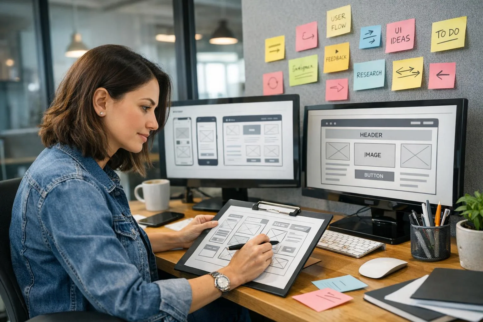 UX designerka pracuje nad wireframami na ścianie - reorientacja na nową branżę