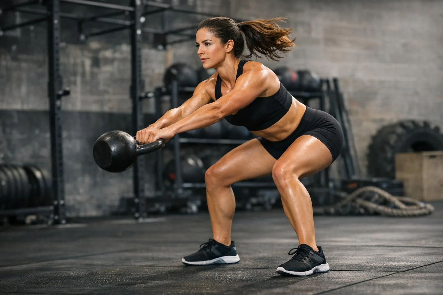 Kobieta wykonuje kettlebell swing z prawidłową techniką - łańcuch tylny