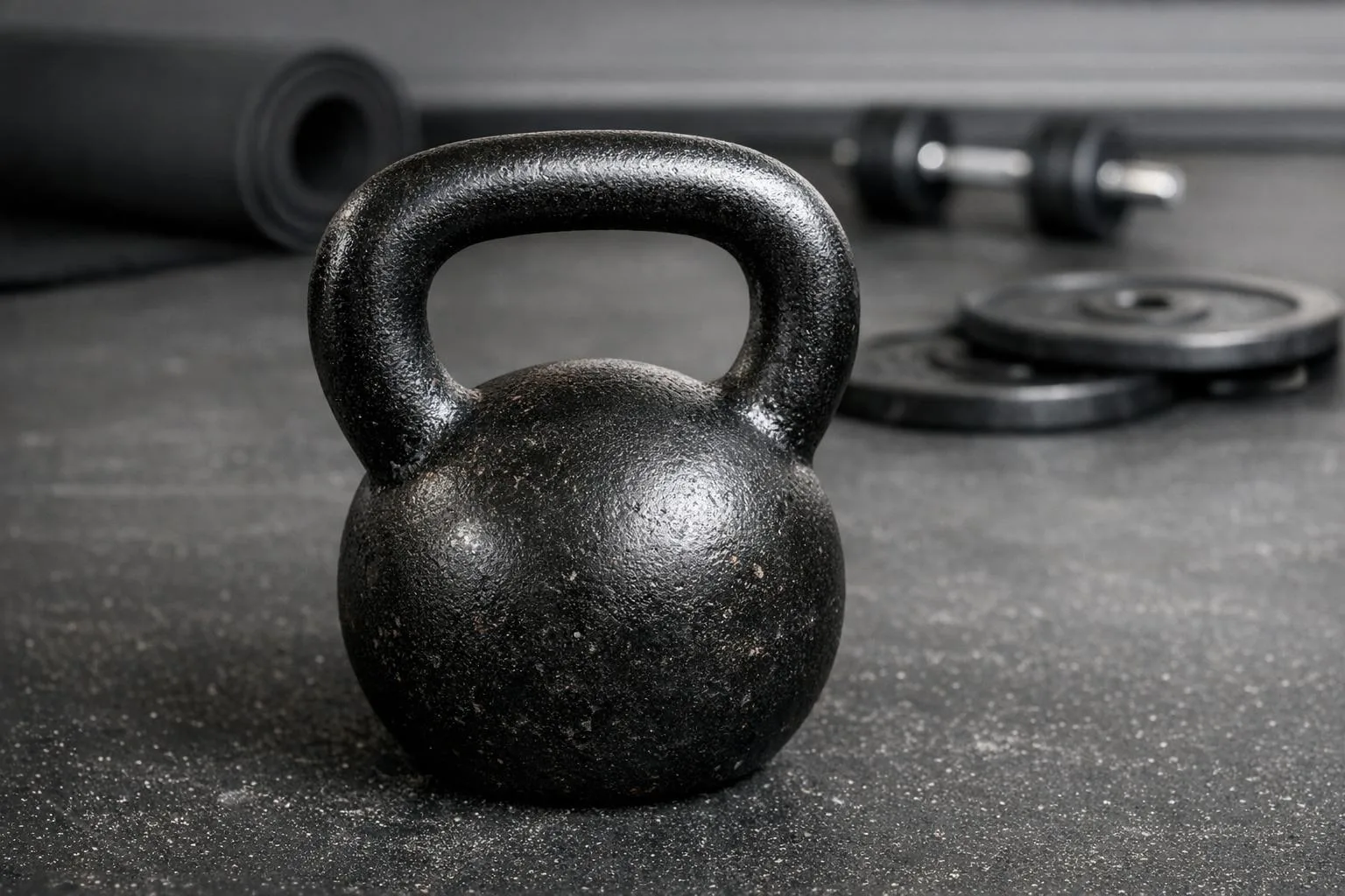 Żeliwny kettlebell na podłodze siłowni - wybór sprzętu do treningu
