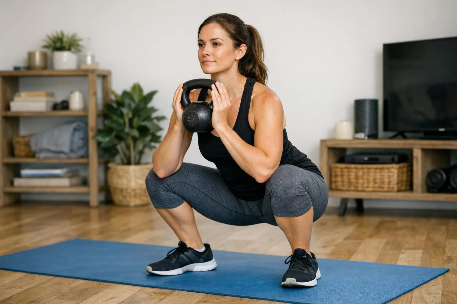Kobieta wykonuje goblet squat z kettlebelem w domu - trening bez siłowni